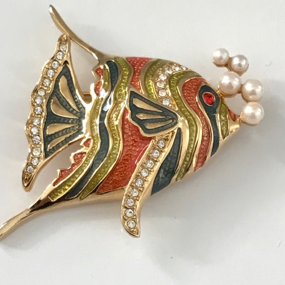 Vintage Brooch Bob Mackie Enamel Rhinestone Fish Blowing Bubbles Signed - Picture 2 of 6